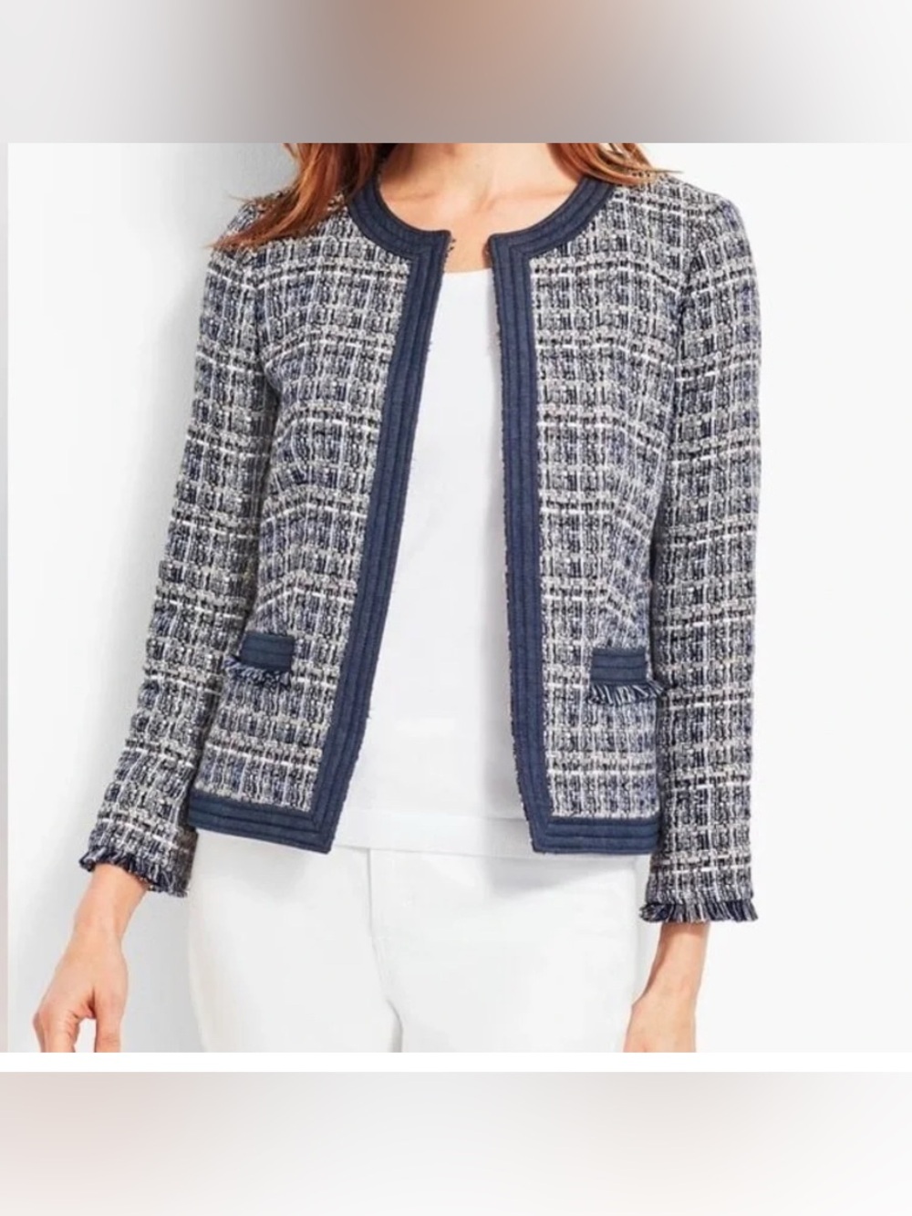 Talbots Classic Navy Tweed Open-Front Jacket - Women